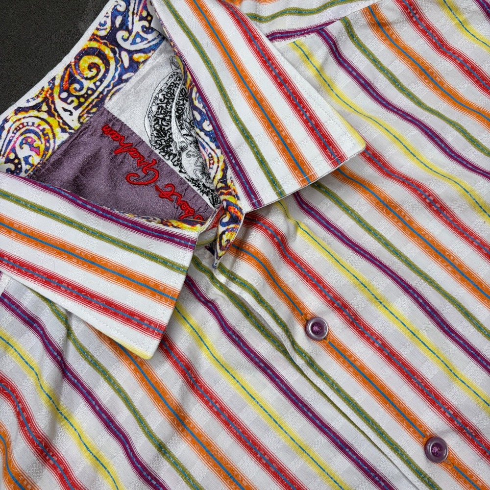 Robert Graham Button Down Shirt Mens L Multi Color Stripe Paisley Cuff Eclectic